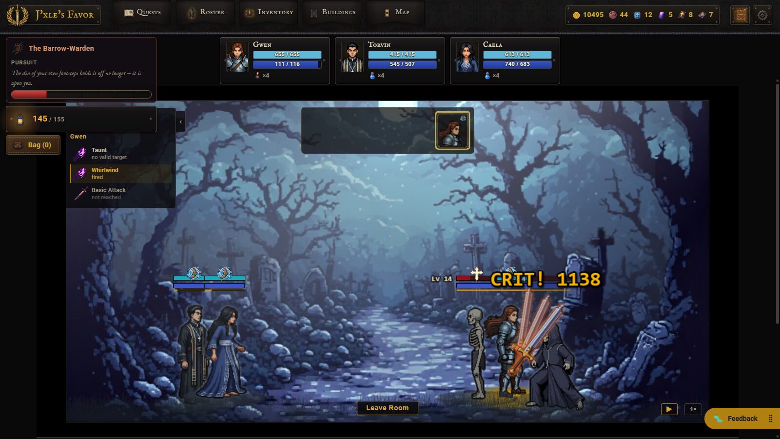 A graveyard battle — a soldier's whirlwind lands a critical hit